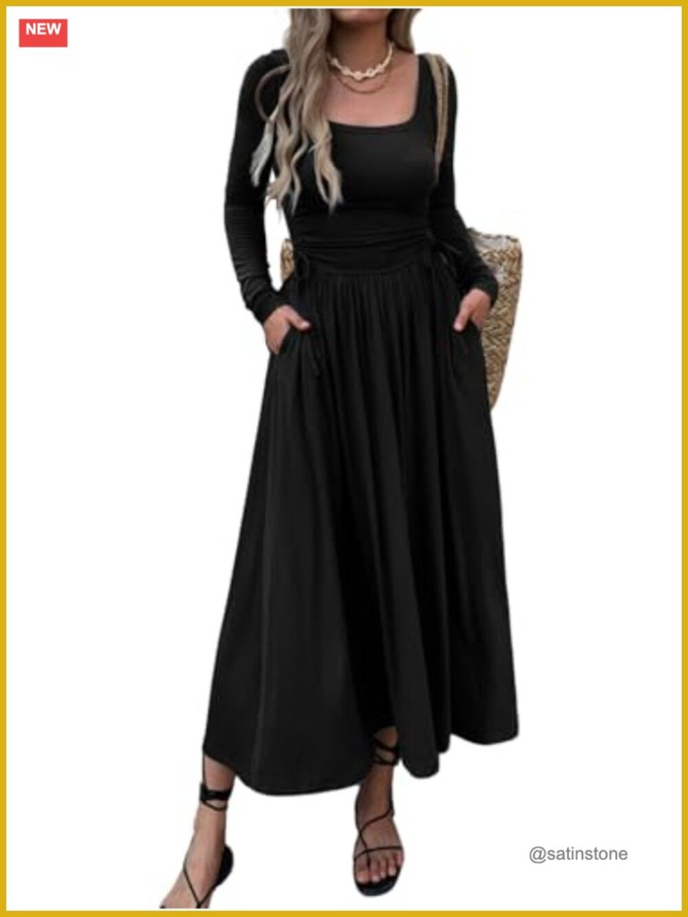 Women's Long Sleeve Square Neck Maxi Dress Adjustable Waist Tie A-Line Flowy